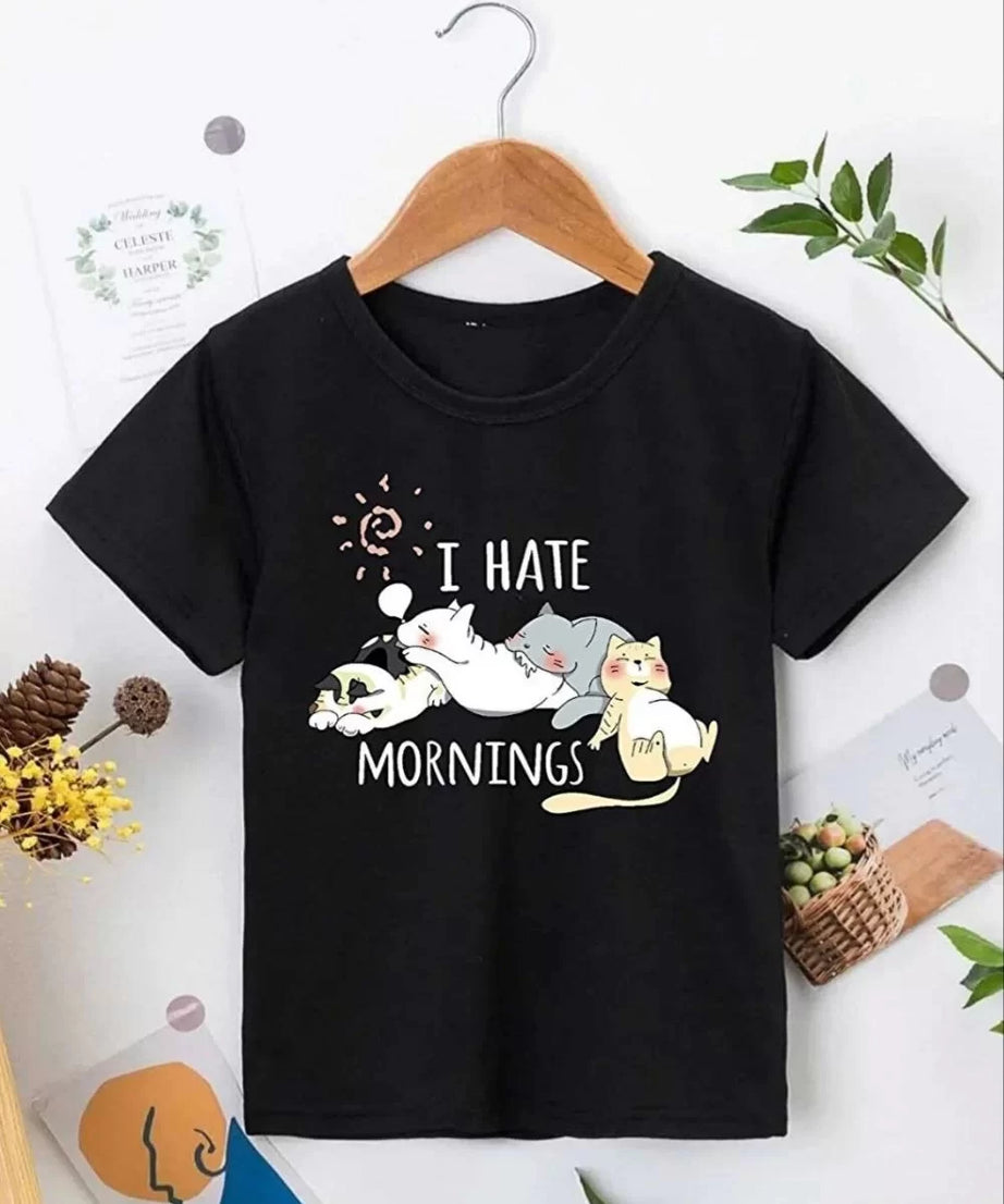 Gucso Kız Çocuk Bisiklet Yaka I Hate Morning Yatan Kedi Baskılı T-Shirt - Siyah