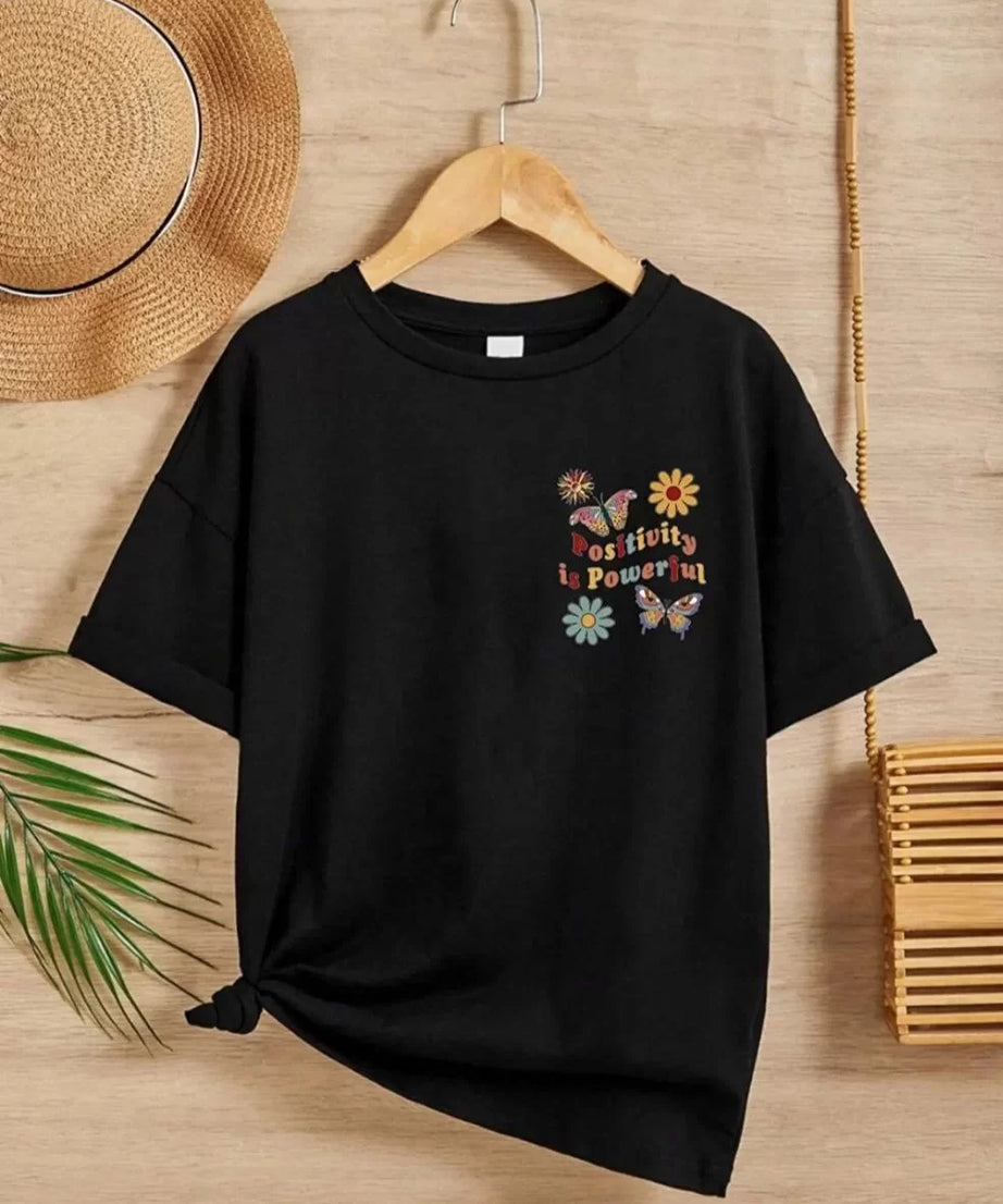 Gucso Kız Çocuk Bisiklet Yaka Positivity is Powerful Ön - Arka Baskılı T-Shirt - Siyah