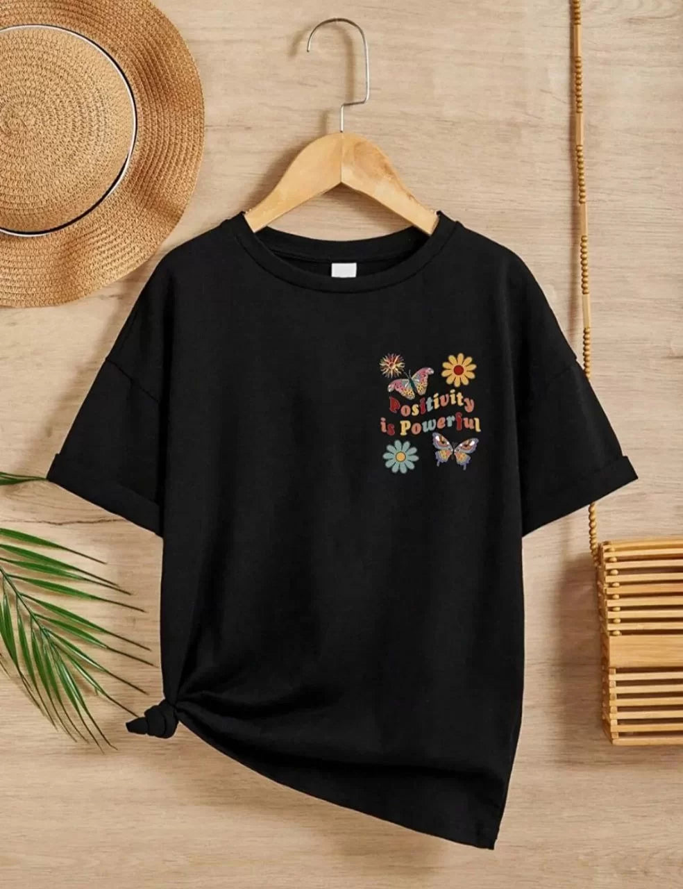 Gucso Kız Çocuk Bisiklet Yaka Positivity is Powerful Ön - Arka Baskılı T-Shirt - Siyah