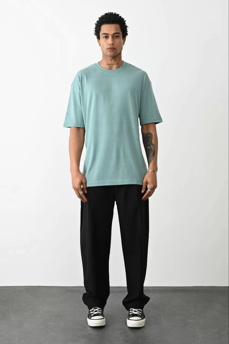 Gucso Erkek Basic Bisiklet Yaka Oversize T-Shirt - Açık Mavi