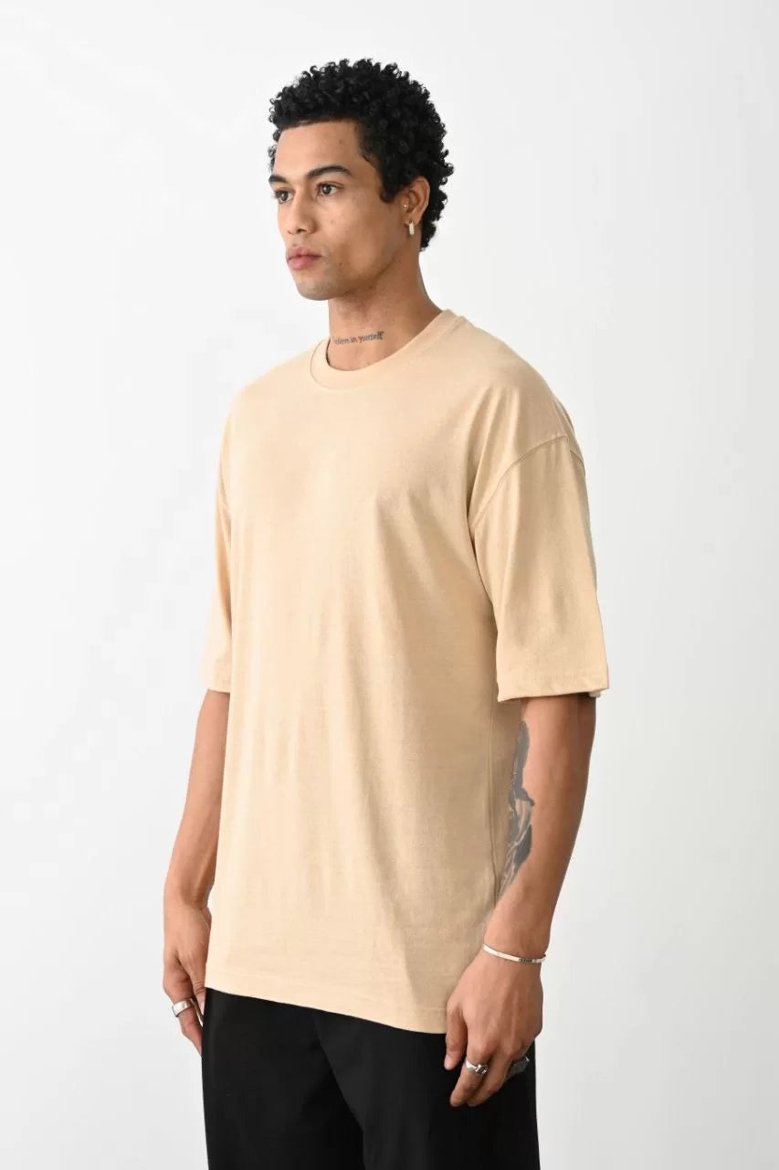 Gucso Erkek Basic Bisiklet Yaka Oversize T-Shirt - Bej