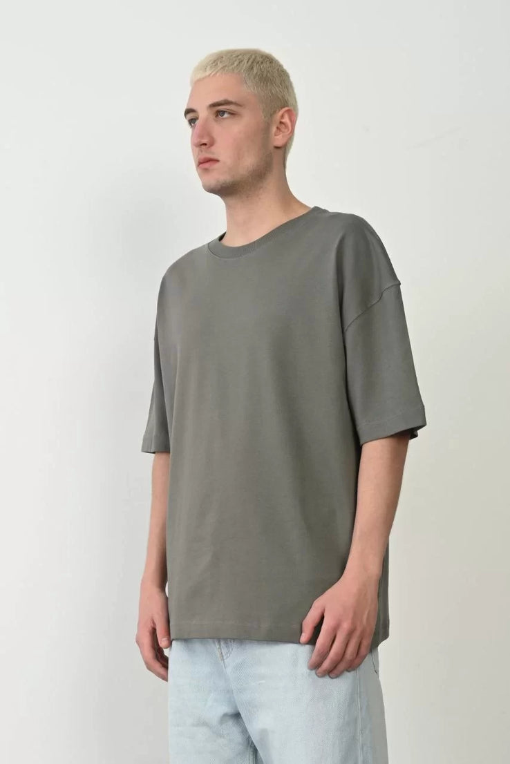 Gucso Erkek Basic Bisiklet Yaka Oversize T-Shirt - Füme