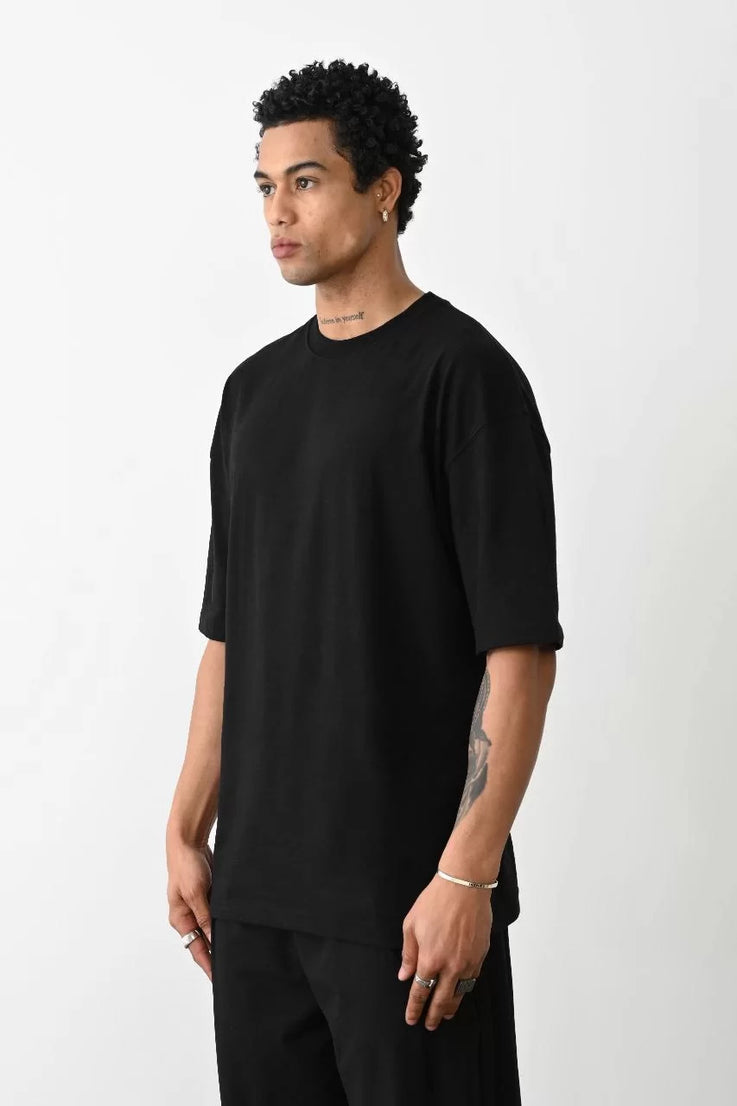 Gucso Erkek Basic Bisiklet Yaka Oversize T-Shirt - Siyah