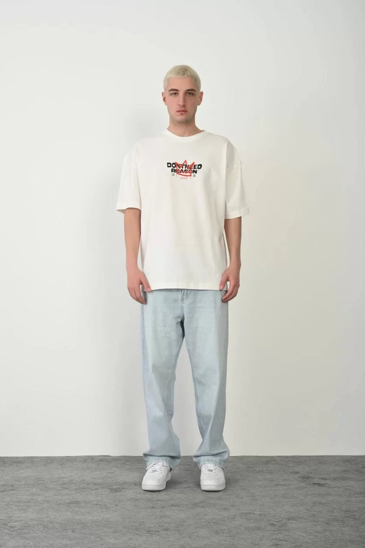 Gucso Erkek Don't Need Reason Baskılı Bisiklet Yaka Oversize T-Shirt - Beyaz