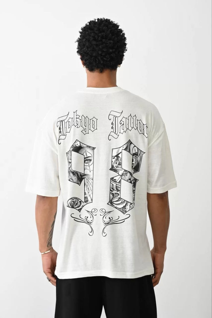 Gucso Tokyo Tatto 98 Baskılı Oversize T-Shirt - Beyaz