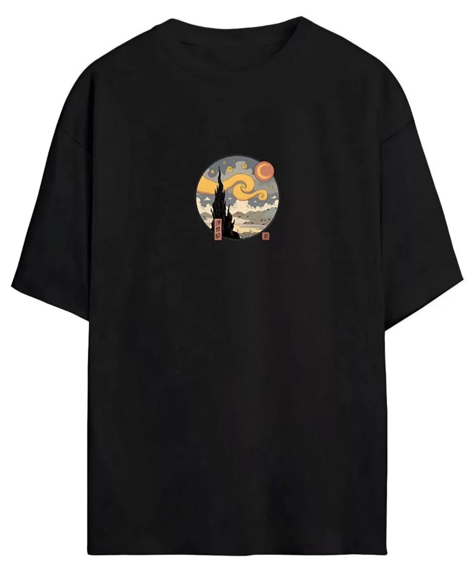 Gucso Kadın Vincent Van Gogh Tablolu Baskılı Oversize T-Shirt - Siyah