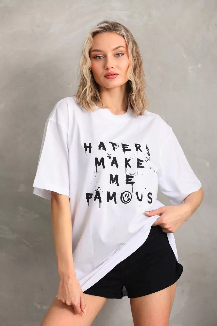 Gucso Kadın Haters Make Me Famous Baskılı Oversize T-Shirt - Beyaz