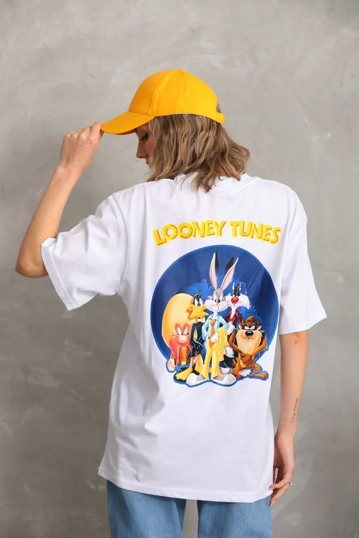 Gucso Kadın Looney Tunes Baskılı Oversize T-Shirt - Beyaz