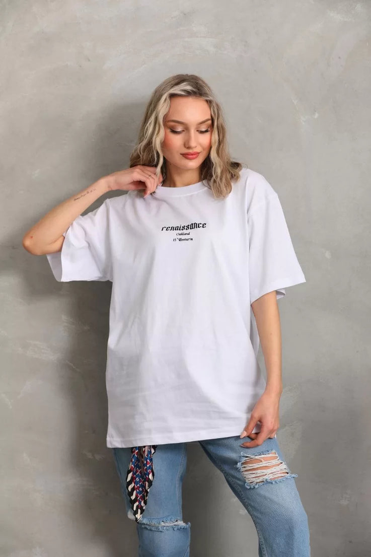 Gucso Kadın Renais Sance Baskılı Oversize T-Shirt - Beyaz