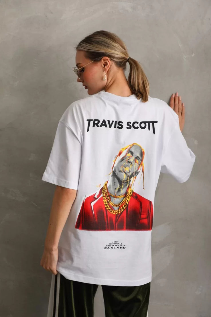 Gucso Kadın Travis Scott Baskılı Oversize T-Shirt - Beyaz