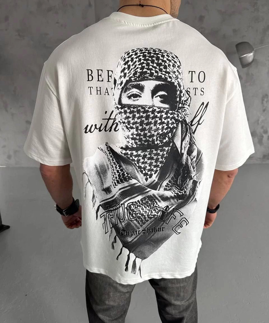 Gucso Erkek Thug Life Tupac Shakur Baskılı Oversize T-Shirt - Beyaz