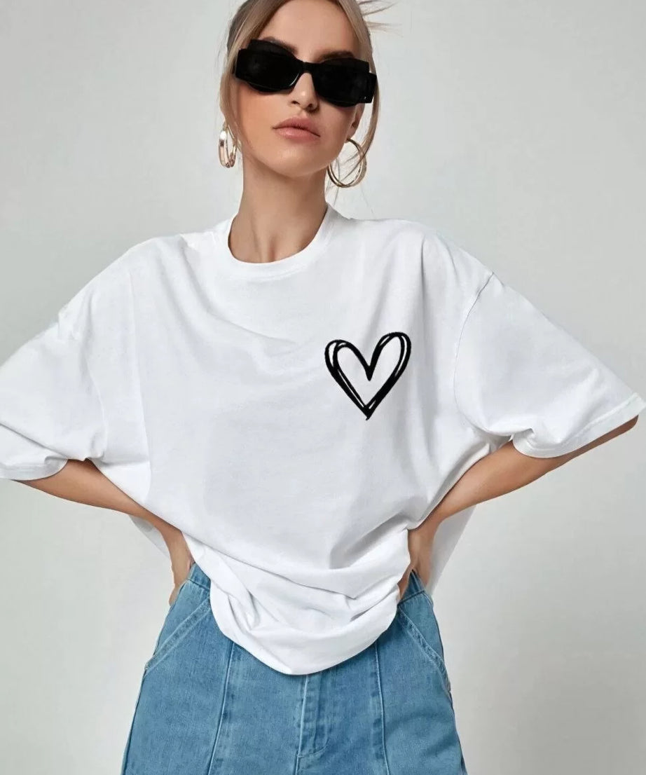 Gucso Kadın Kalp Baskılı Oversize T-Shirt - Beyaz