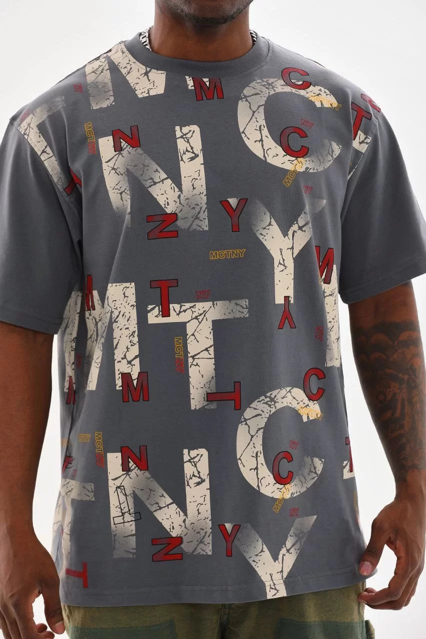 Gucso Men's Mixed Letter Printed Oversize T-Shirt - Smoke 