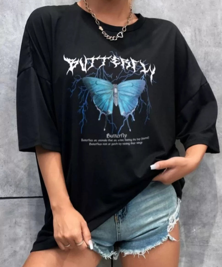 Gucso Kadın Butterfly Baskılı Oversize T-Shirt - Siyah