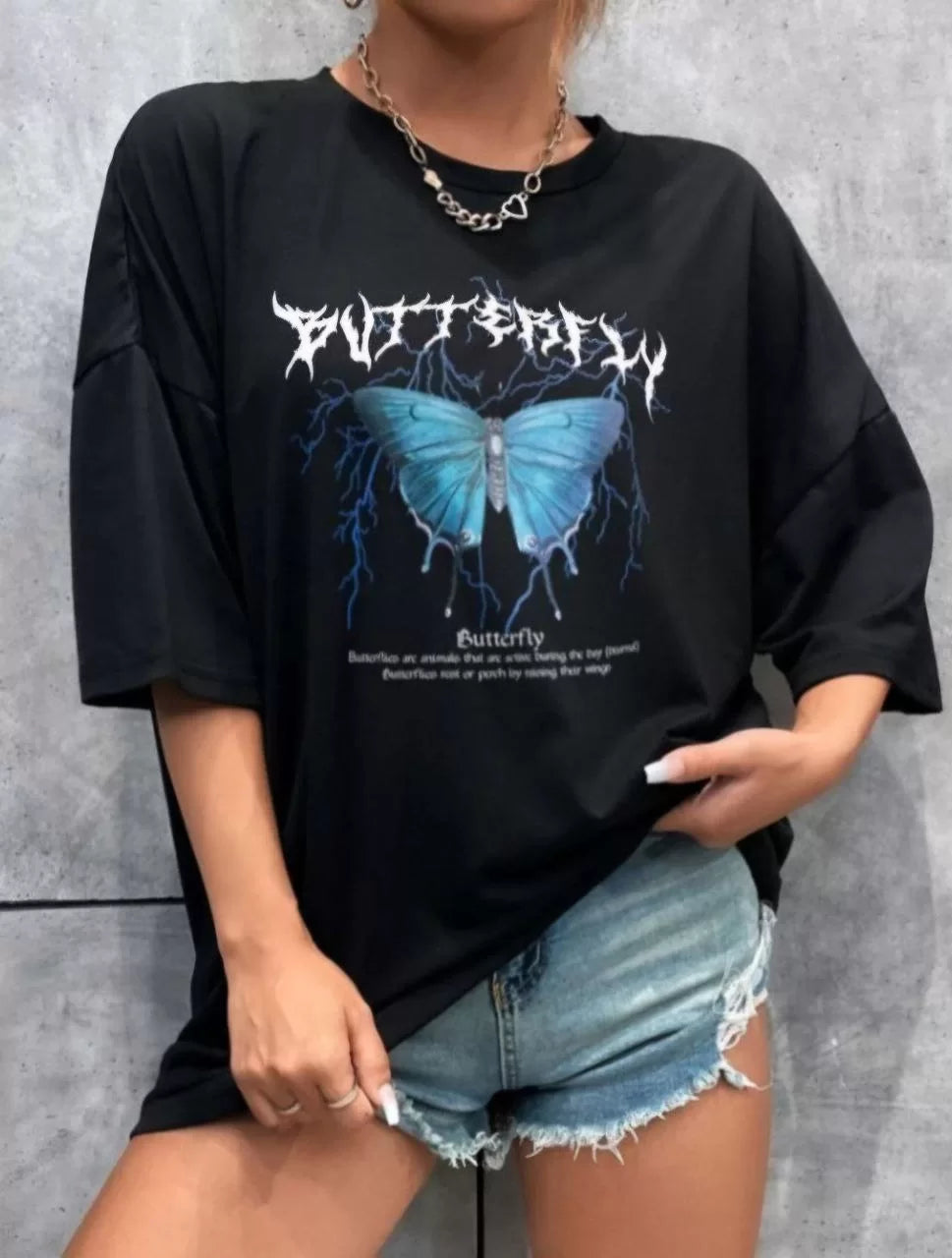 Gucso Kadın Butterfly Baskılı Oversize T-Shirt - Siyah