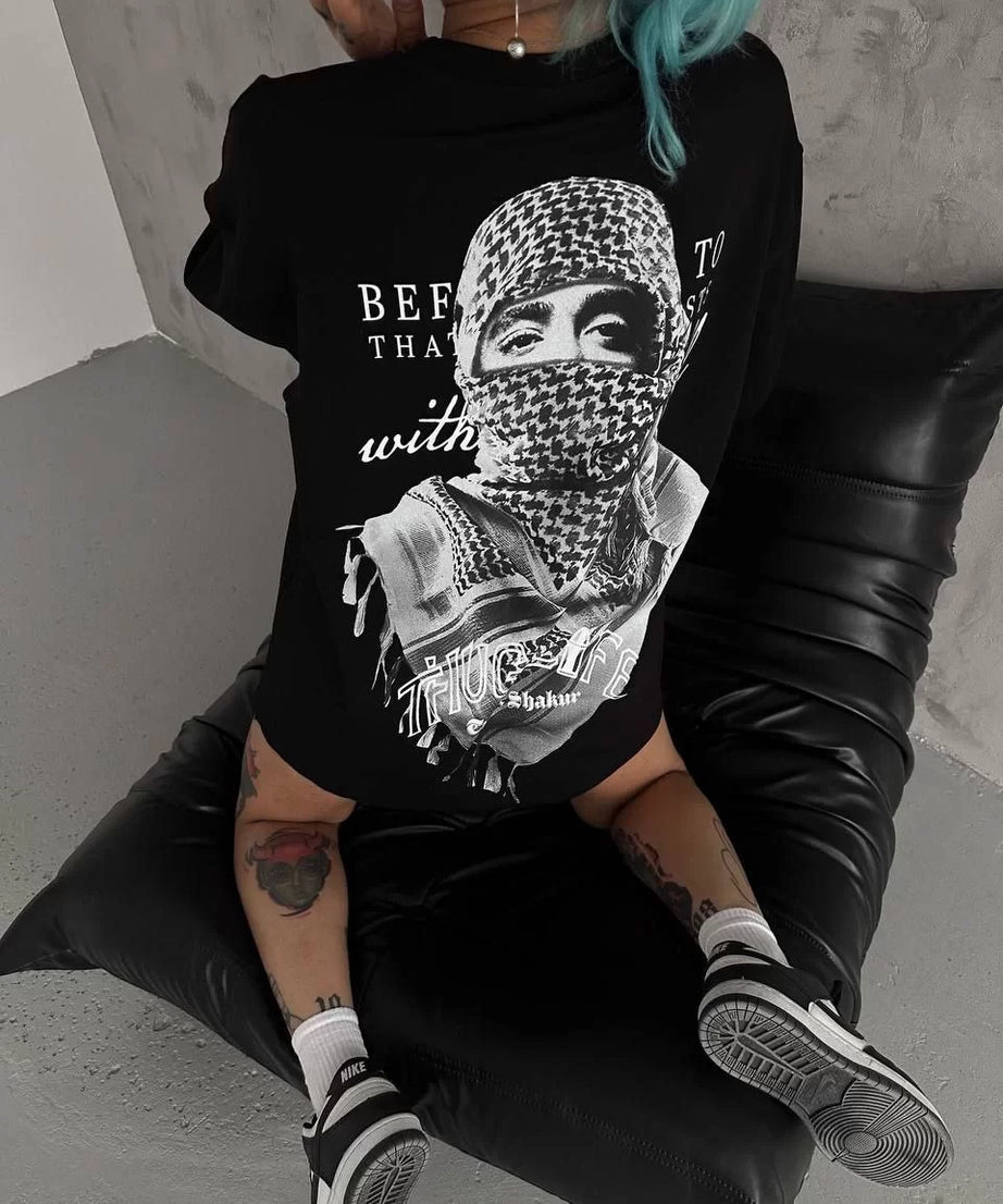 Gucso Kadın Thug Life Tupac Shakur Baskılı Oversize T-Shirt - Siyah