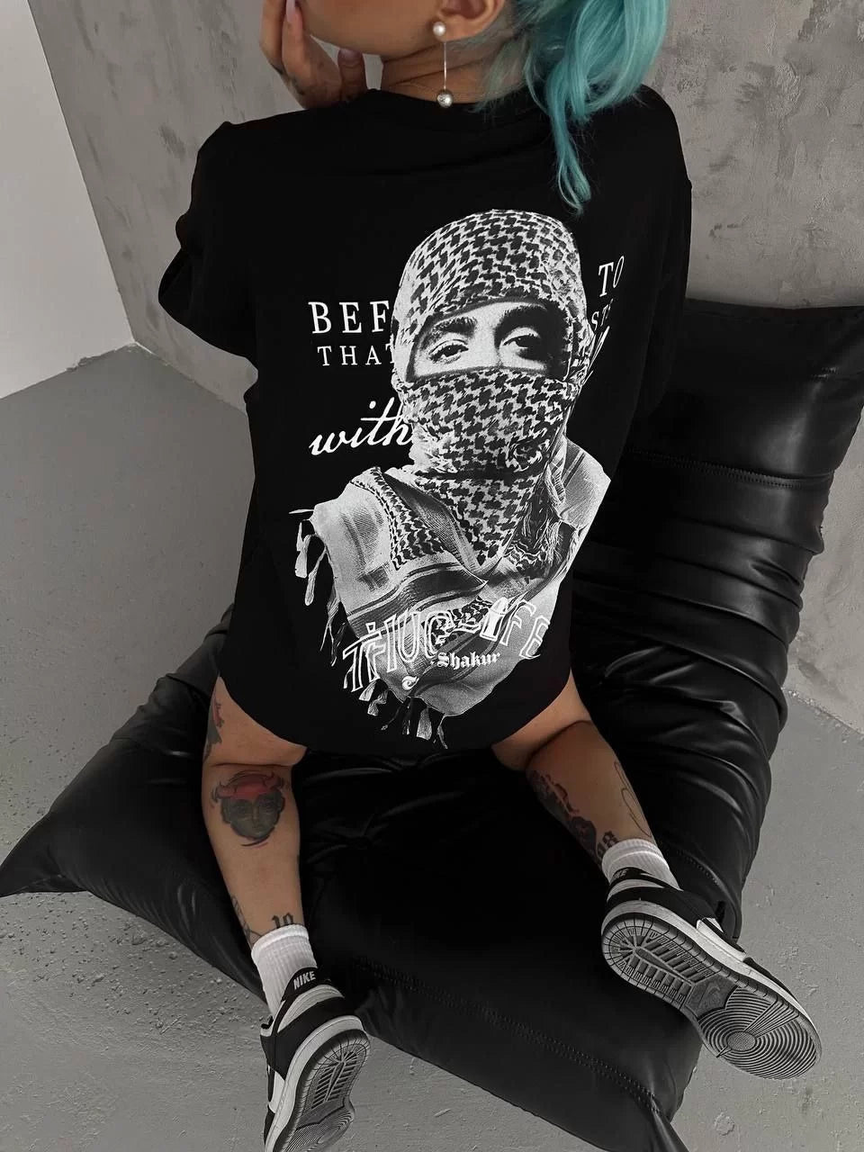 Gucso Kadın Thug Life Tupac Shakur Baskılı Oversize T-Shirt - Siyah