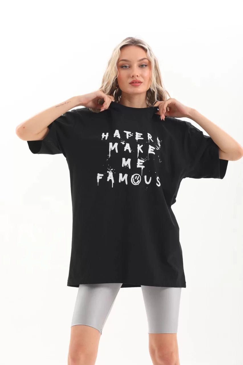 Gucso Kadın Haters Make Me Famous Baskılı Oversize T-Shirt - Siyah