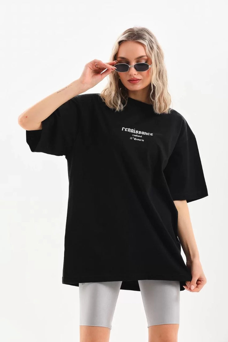 Gucso Kadın Renais Sance Baskılı Oversize T-Shirt - Siyah