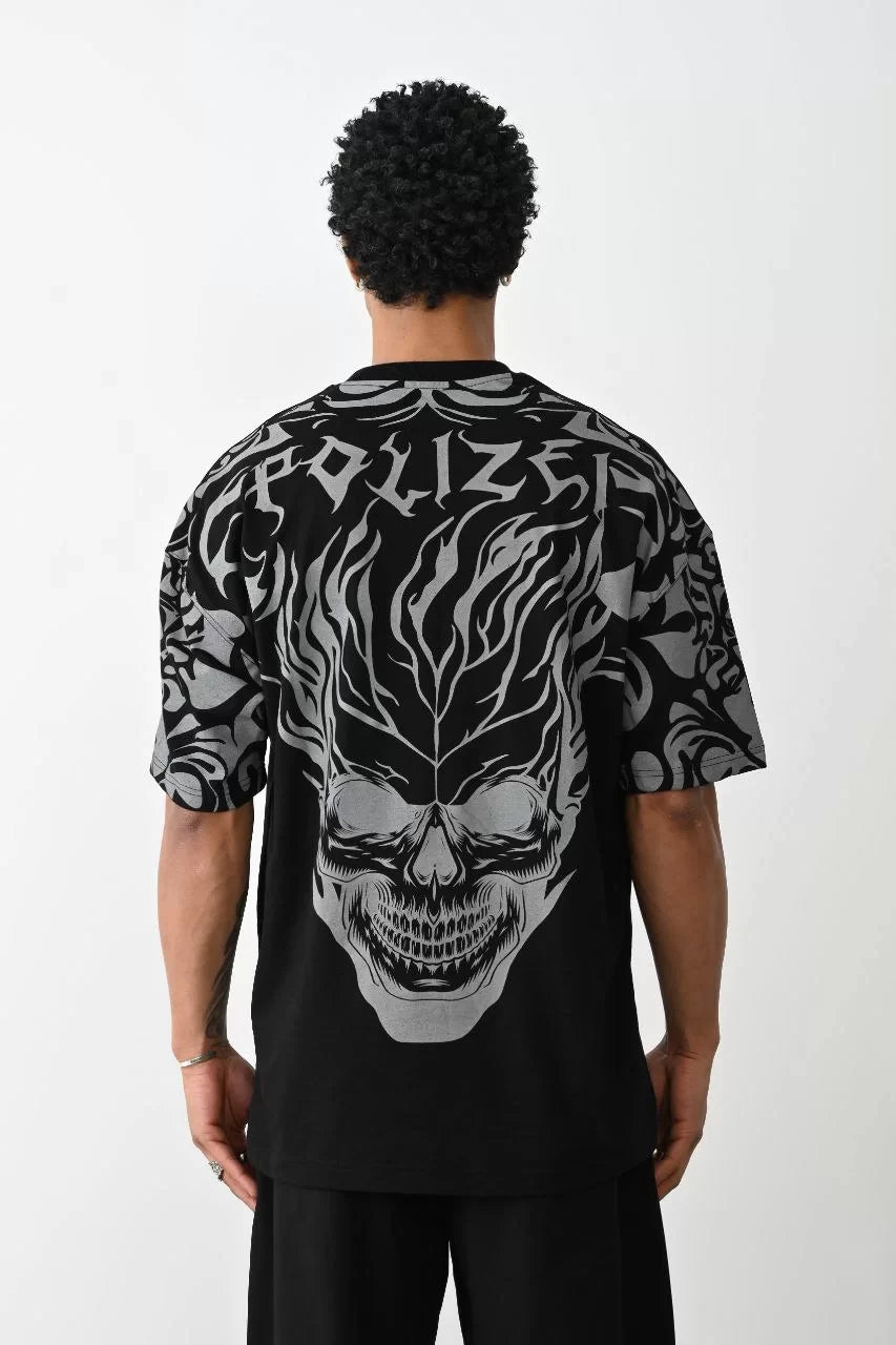 Gucso Patterned Skull Printed Oversize T-Shirt - Black