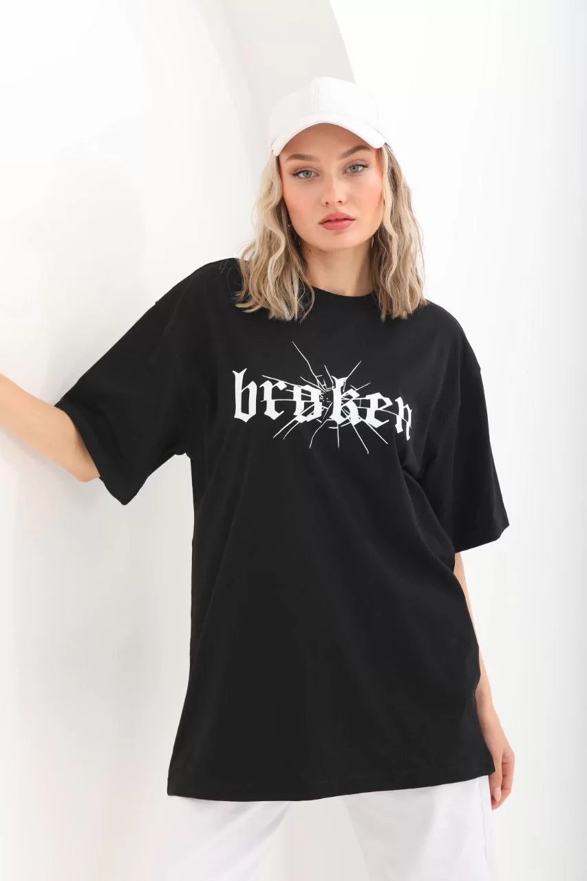 Gucso Kadın Broken Gangsta Baskılı Oversize T-Shirt - Siyah