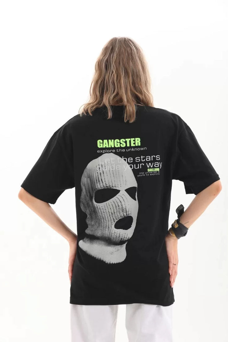 Gucso Kadın Maskeli Gangster Baskılı Oversize T-Shirt - Siyah