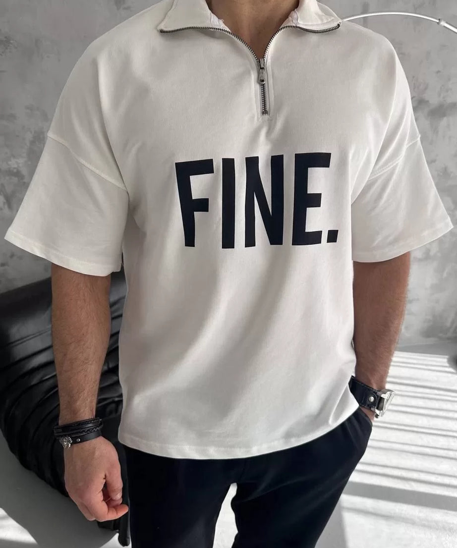 Gucso Erkek Siyah Renk Fine Yazı Baskılı Yarım Fermuarlı T-Shirt - Beyaz