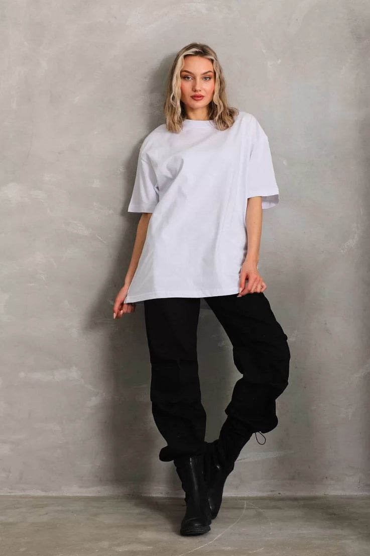 Gucso Kadın Bisiklet Yaka 20/1 Düz Oversize T-Shirt - Beyaz