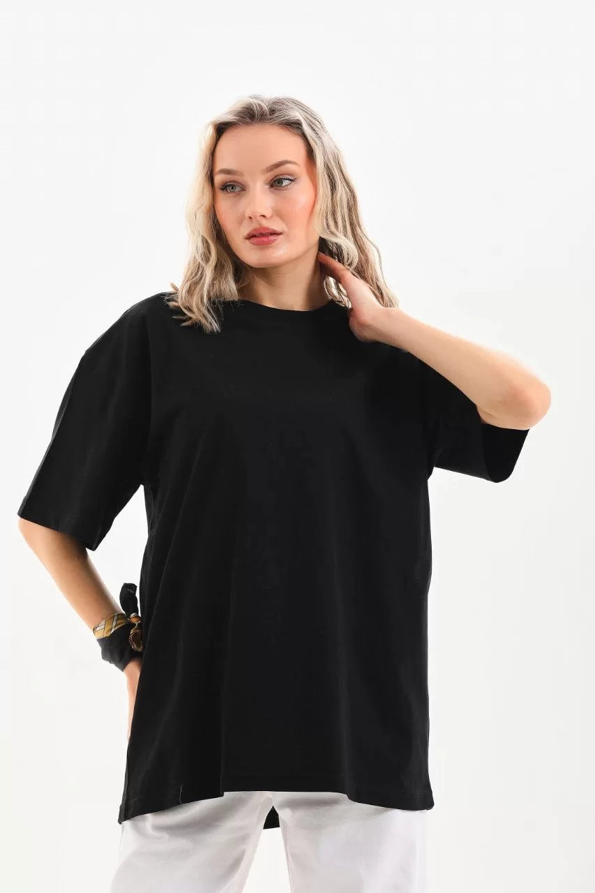 Gucso Kadın Bisiklet Yaka 20/1 Düz Oversize T-Shirt - Siyah