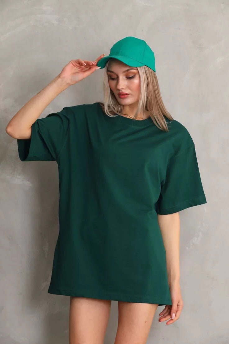 Gucso Kadın Bisiklet Yaka 20/1 Düz Oversize T-Shirt - Yeşil