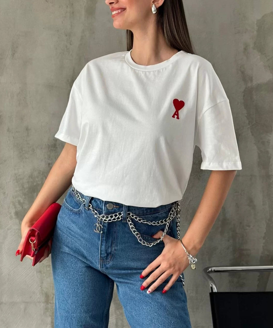 Gucso Kadın Bisiklet Yaka Kırmızı Kalp A Harf Baskılı Oversize T-Shirt - Beyaz