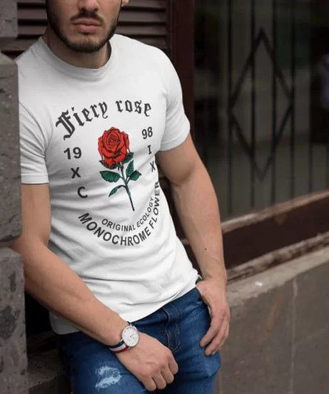 Gucso Erkek Bisiklet Yaka Fiery Rose Yazılı Gül Desen Baskılı Oversize T-Shirt - Beyaz