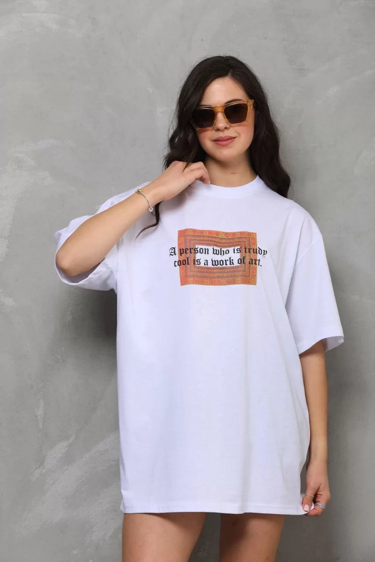 Gucso kadın Bisiklet Yaka Be Original Yazı Baskılı Oversize T-Shirt - Beyaz