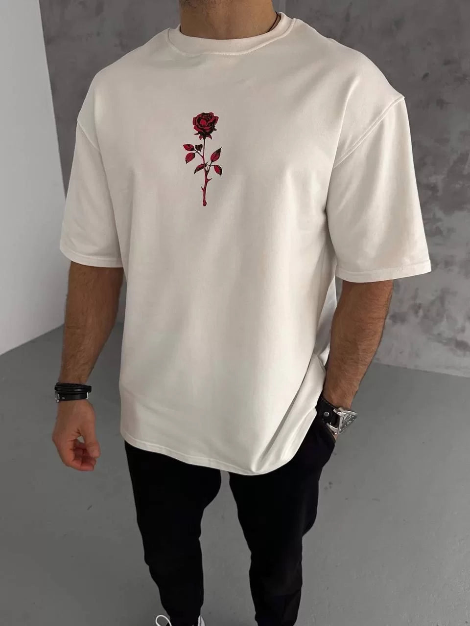 Gucso Men's Crew Neck Red Rose Text Detail Printed Oversize T-Shirt - White