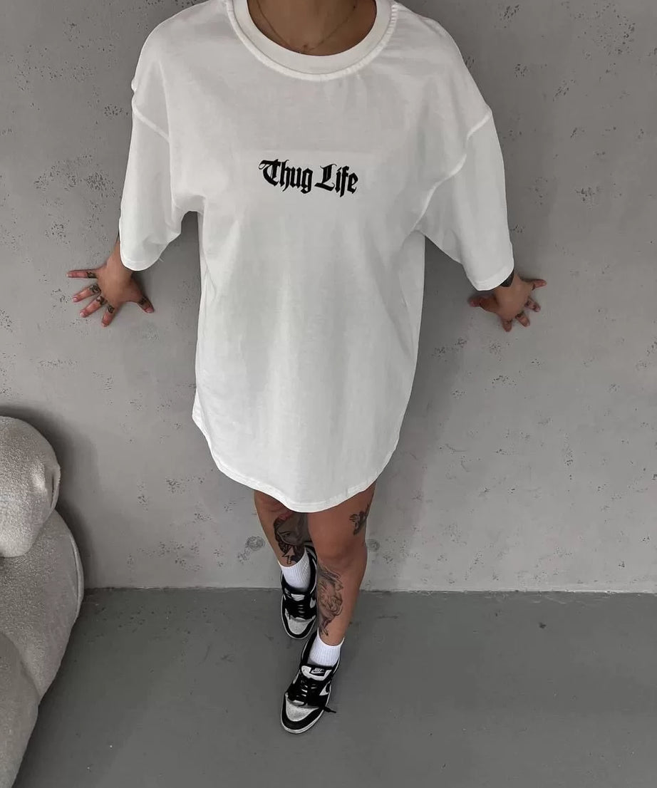 Gucso Kadın Bisiklet Yaka Thug Life With Out Angels Wings Baskılı Oversize T-Shirt - Beyaz