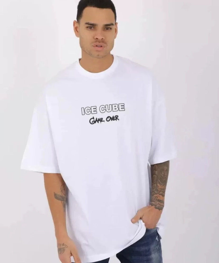 Gucso Erkek Bisiklet Yaka Ice Cube Baskılı Oversize T-Shirt - Beyaz