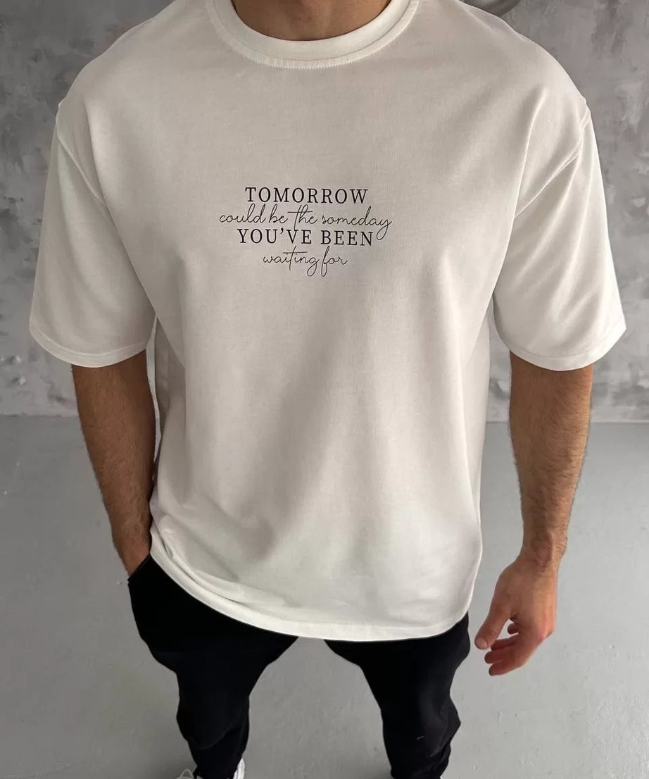 Gucso Erkek Bisiklet Yaka Tomorrow Baskılı Oversize T-Shirt - Beyaz