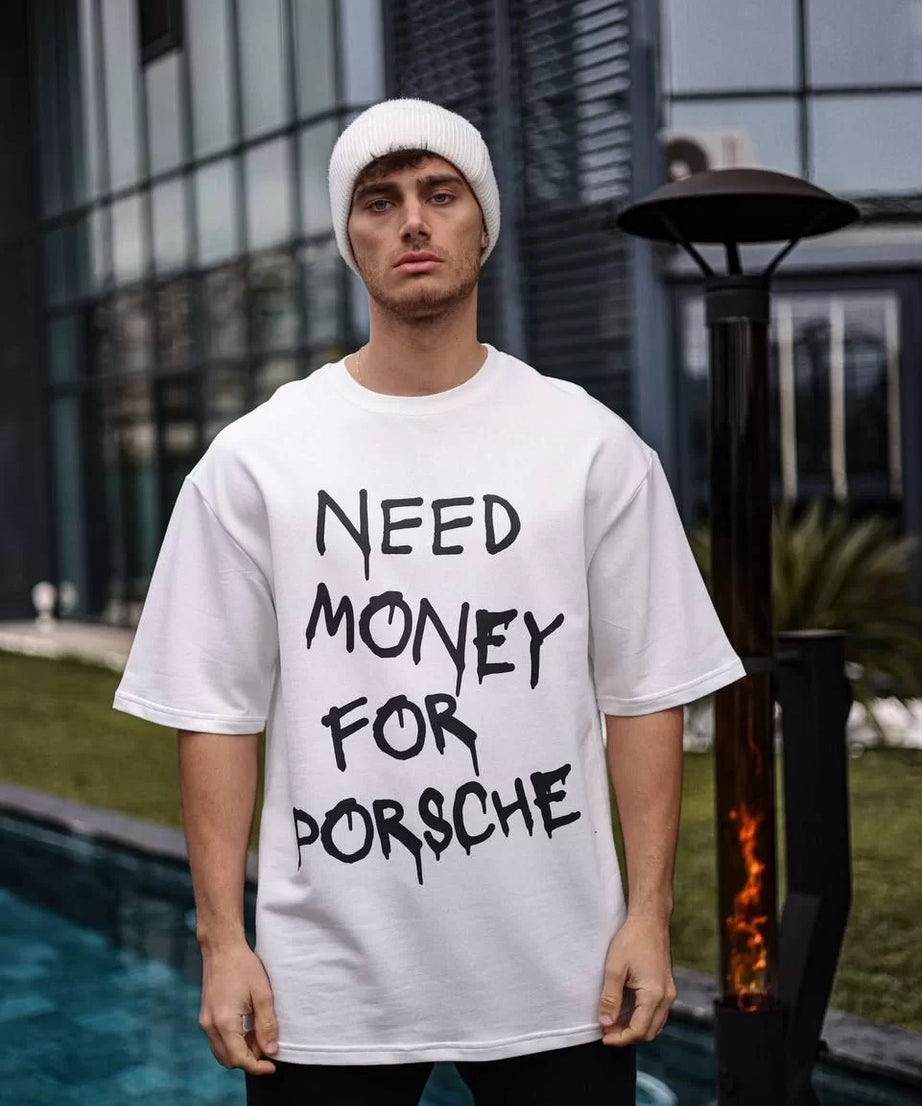 Gucso Erkek Bisiklet Yaka Siyah Renk Need Money For Porsche Baskılı Oversize T-Shirt - Beyaz