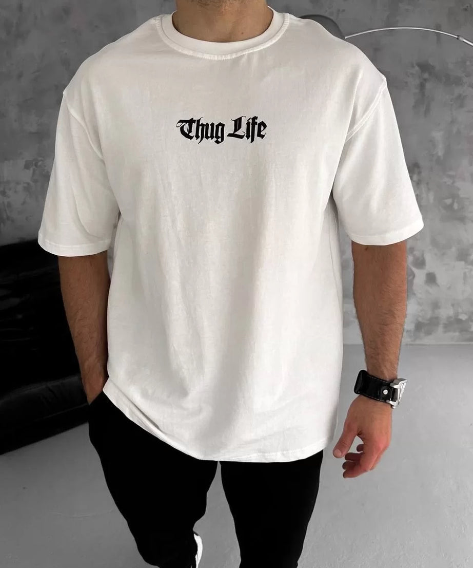 Gucso Erkek Bisiklet Yaka Thug Life Göğüs Baskılı With Out Angels Wings Sırt Baskılı Oversize T-Shirt - Beyaz