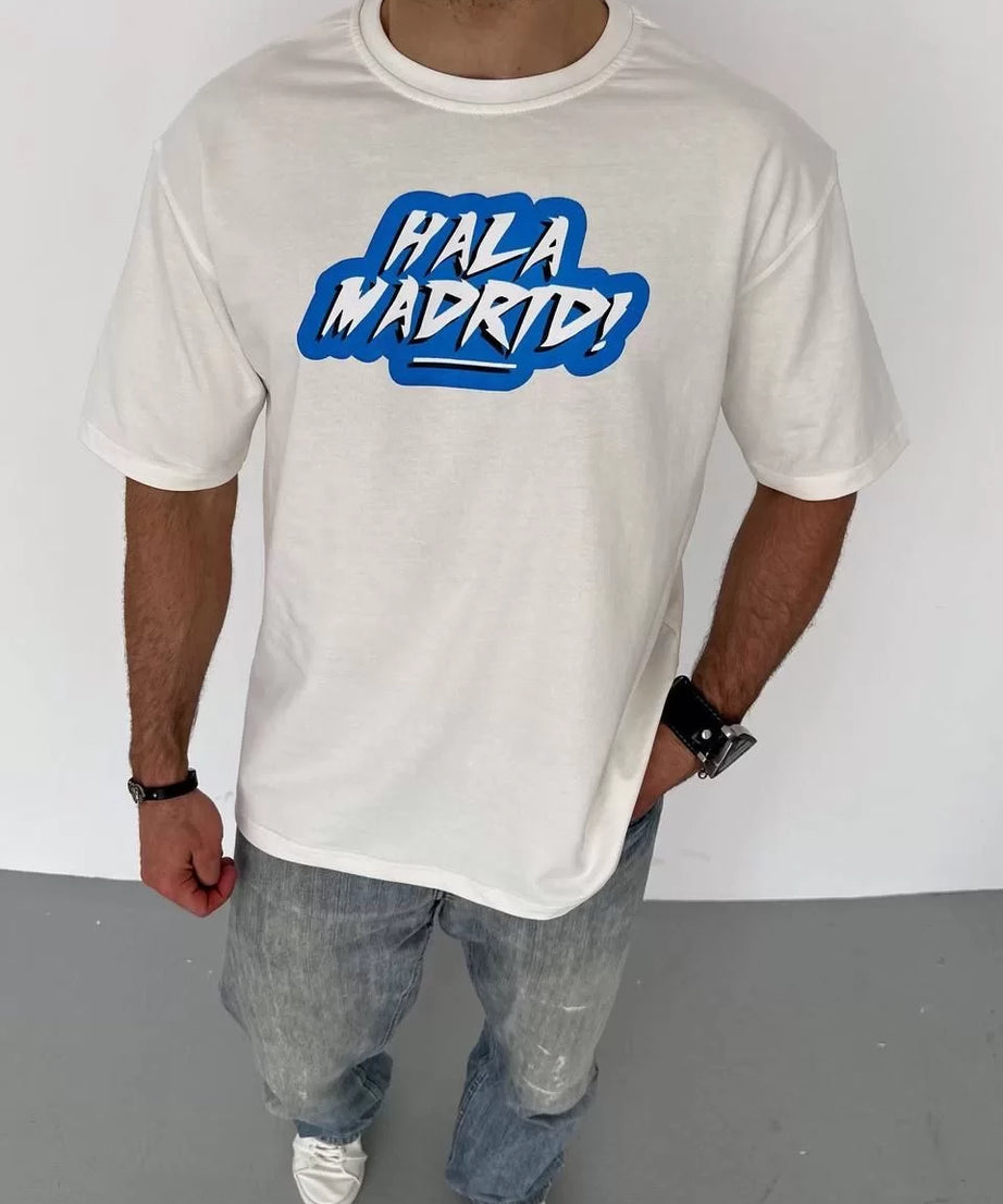 Gucso Erkek Bisiklet Yaka Hala Madrid Baskılı Oversize T-Shirt - Beyaz