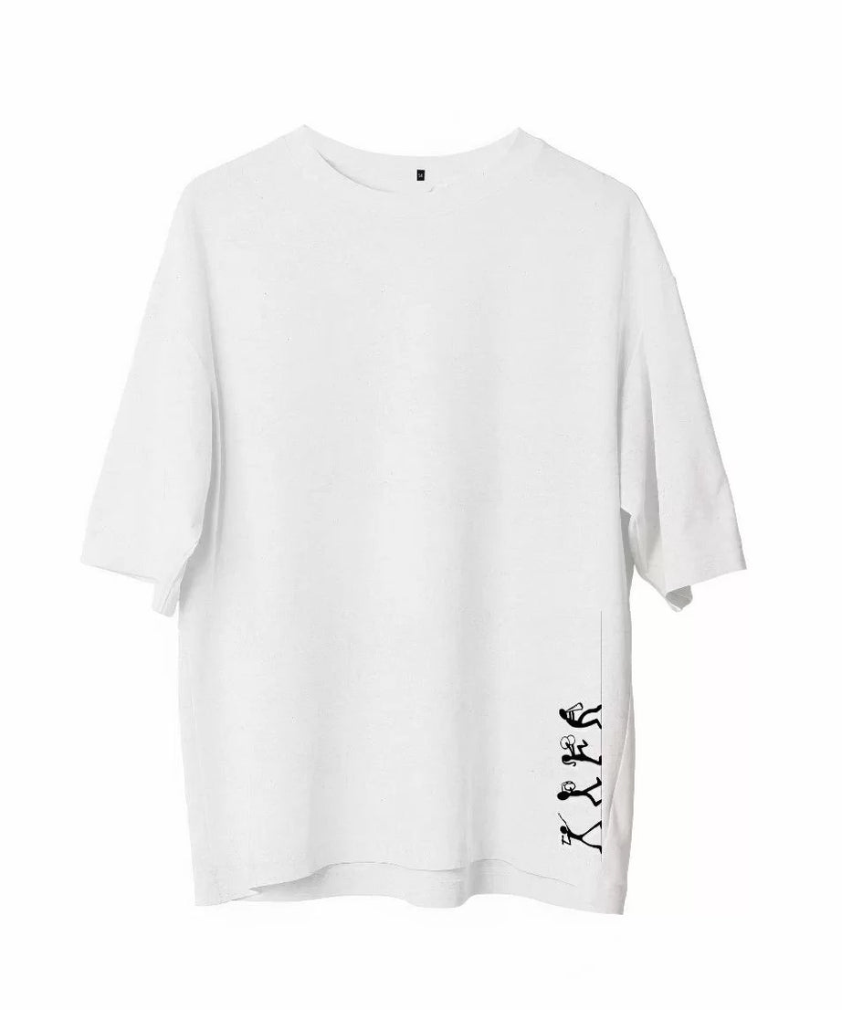 Gucso Erkek  Bisiklet Yaka Müzik Çalan Çöp Adamlar Baskılı Oversize T-Shirt - Beyaz