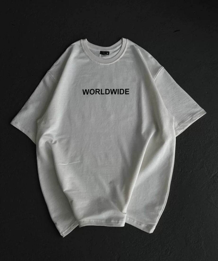 Gucso Kadın Bisiklet Yaka World Wide Baskılı Oversize T-Shirt - Beyaz