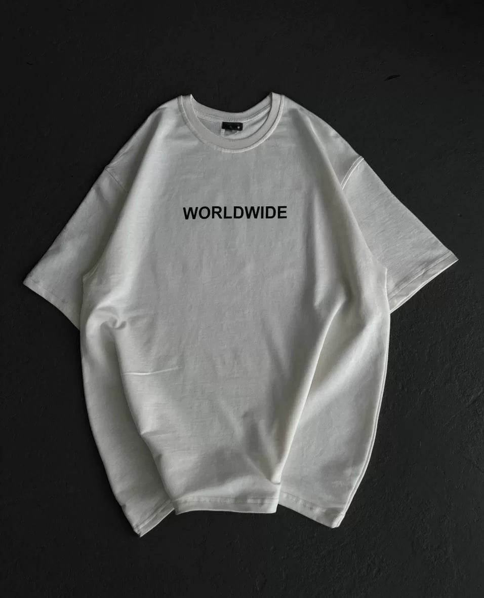 Gucso Kadın Bisiklet Yaka World Wide Baskılı Oversize T-Shirt - Beyaz