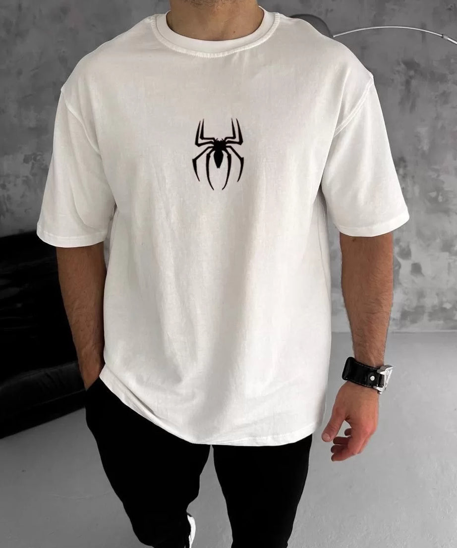 Gucso Erkek Bisiklet Yaka Örümcek ve Kalpli Örümce Ağ Baskılı Oversize T-Shirt - Beyaz