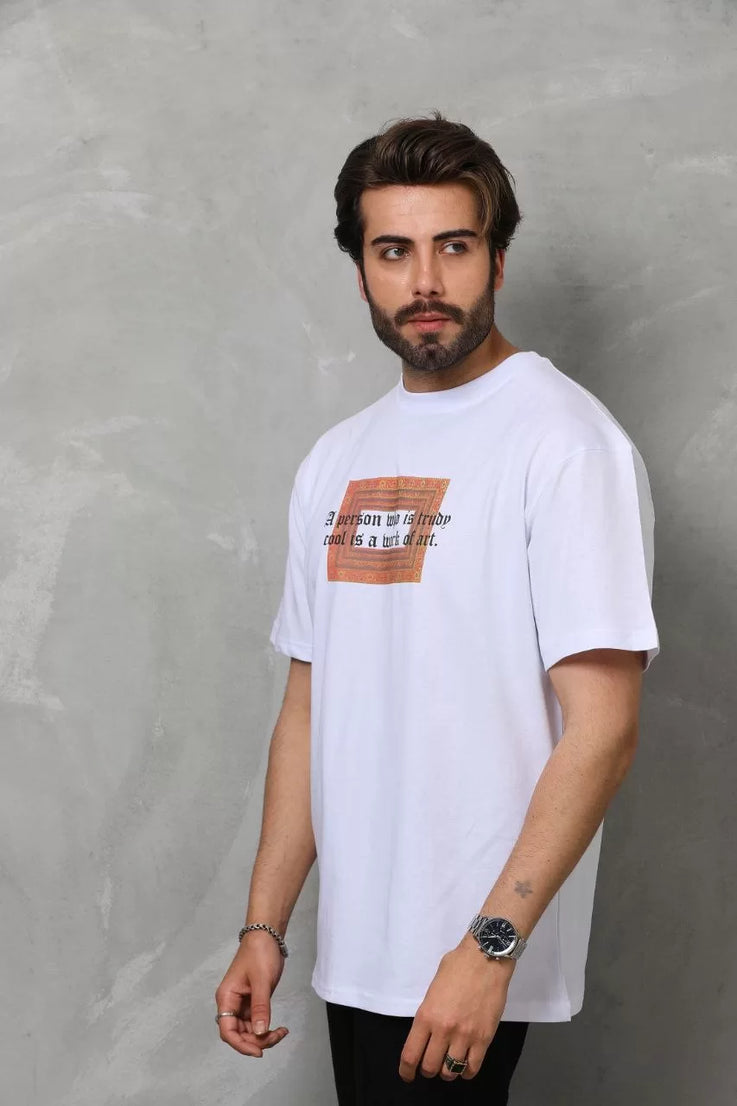 Gucso Erkek Bisiklet Yaka Be Original Baskılı Oversize T-Shirt - Beyaz