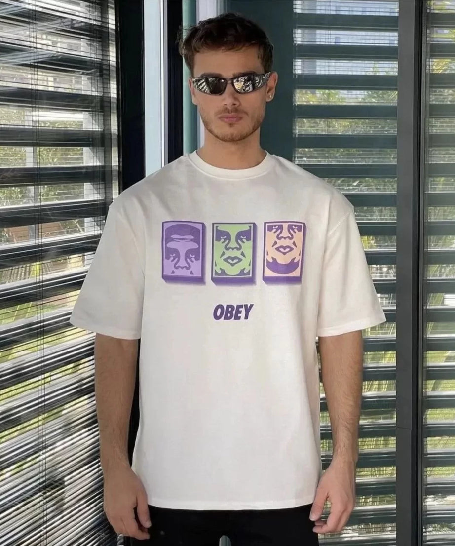 Gucso Erkek Bisiklet Yaka Obey Baskılı Oversize T-Shirt - Beyaz