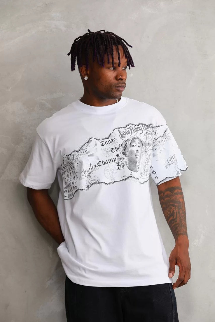 Gucso Erkek Bisiklet Yaka  Tupac Shakur Parça Baskılı Oversize T-Shirt - Beyaz