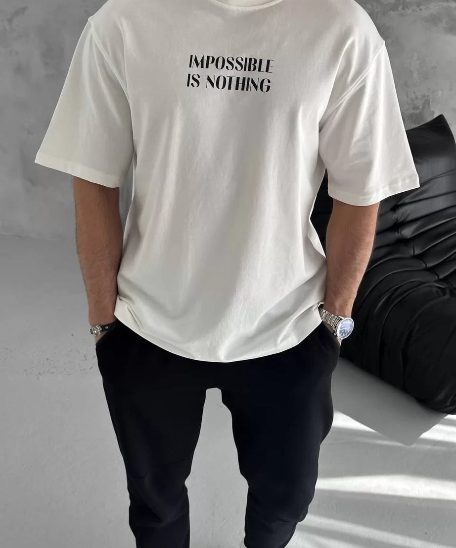 Gucso Erkek Bisiklet Yaka Siyah Renk Im Possible is Nothing  Baskılı Oversize T-Shirt - Beyaz