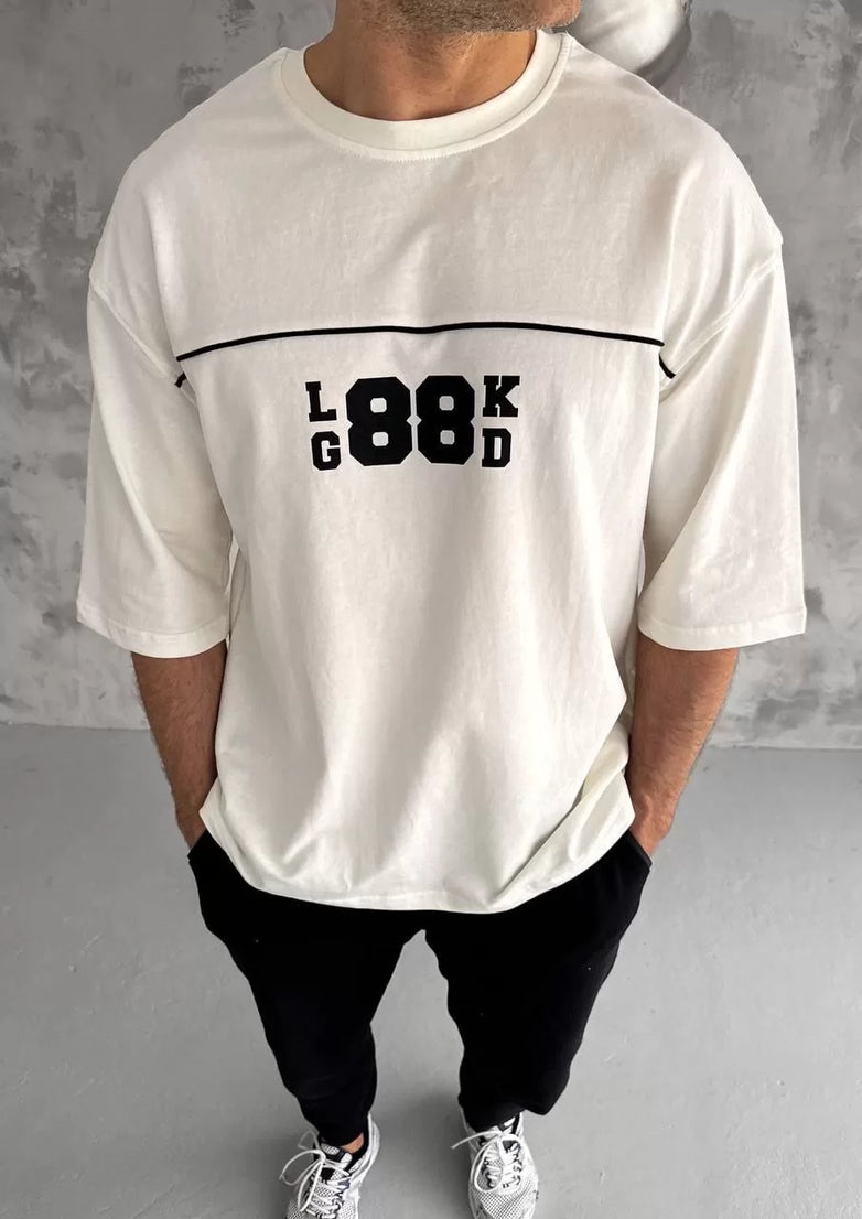 Gucso Erkek Bisiklet Yaka Look Good Baskılı Oversize T-Shirt - Beyaz