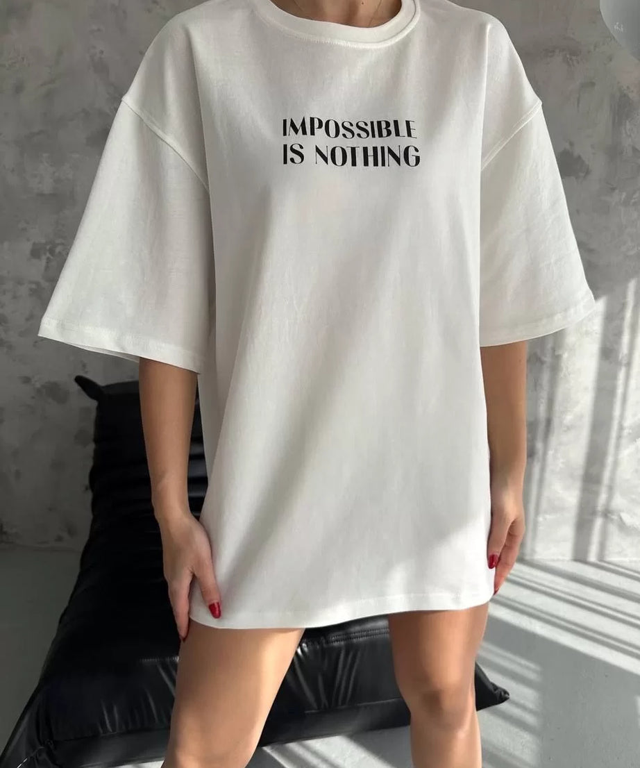 Gucso Kadın Bisiklet Yaka İmpossible İs Nothing Baskılı Oversize T-Shirt - Beyaz